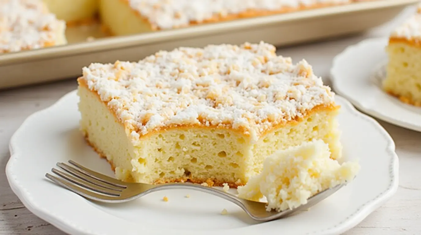 A golden-brown keasy kefir sheet cake in a baking pan, freshly baked and cut into squares, ready to be served