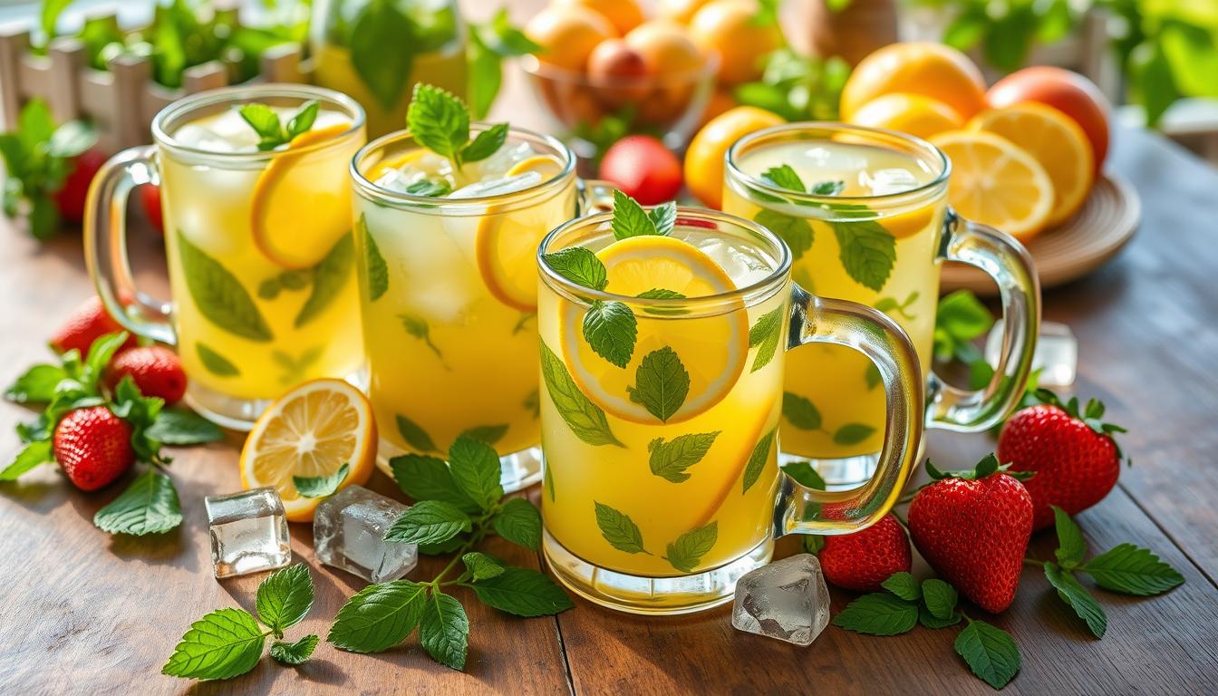 A refreshing glass of lemon balm iced tea garnished with fresh lemon slices and a sprig of lemon balm drink recipes.