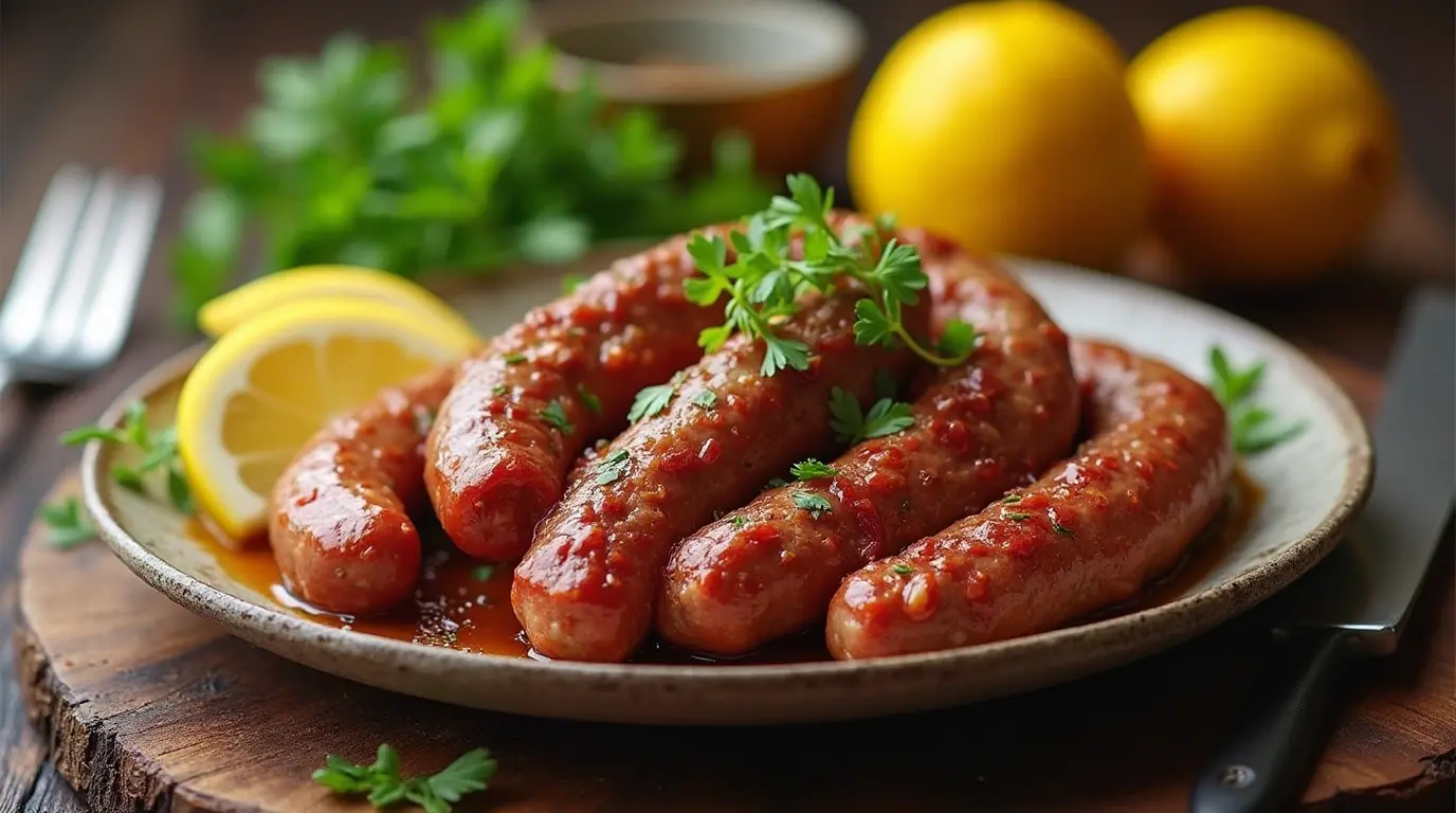 Homemade beef sausages sizzling on the grill with a golden brown sear.