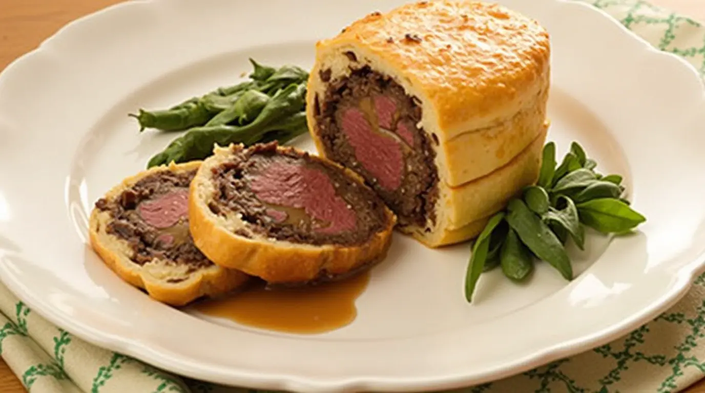 Perfectly cooked Beef Wellington with golden, flaky puff pastry, served with a rich red wine sauce and garnished with fresh herbs.