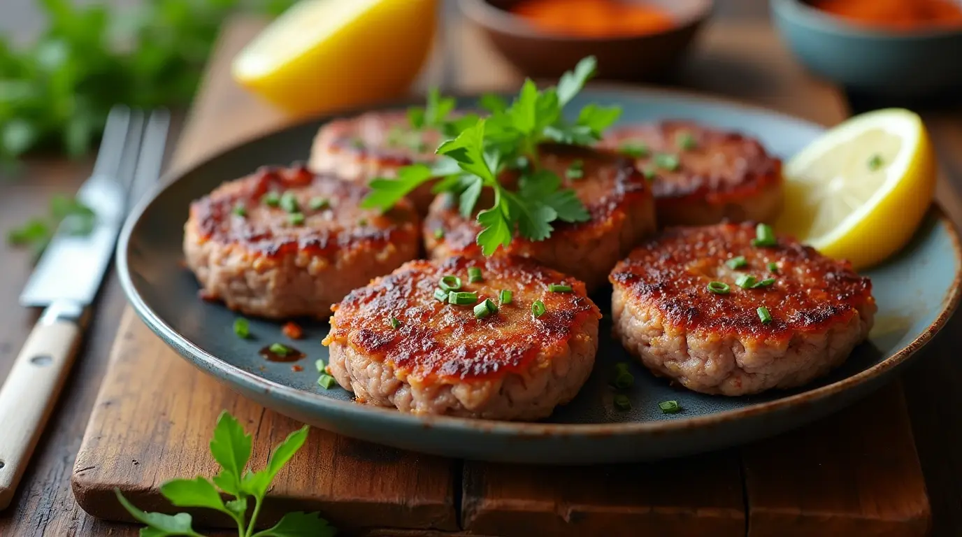 Homemade beef breakfast sausage cooked and served on a plate.