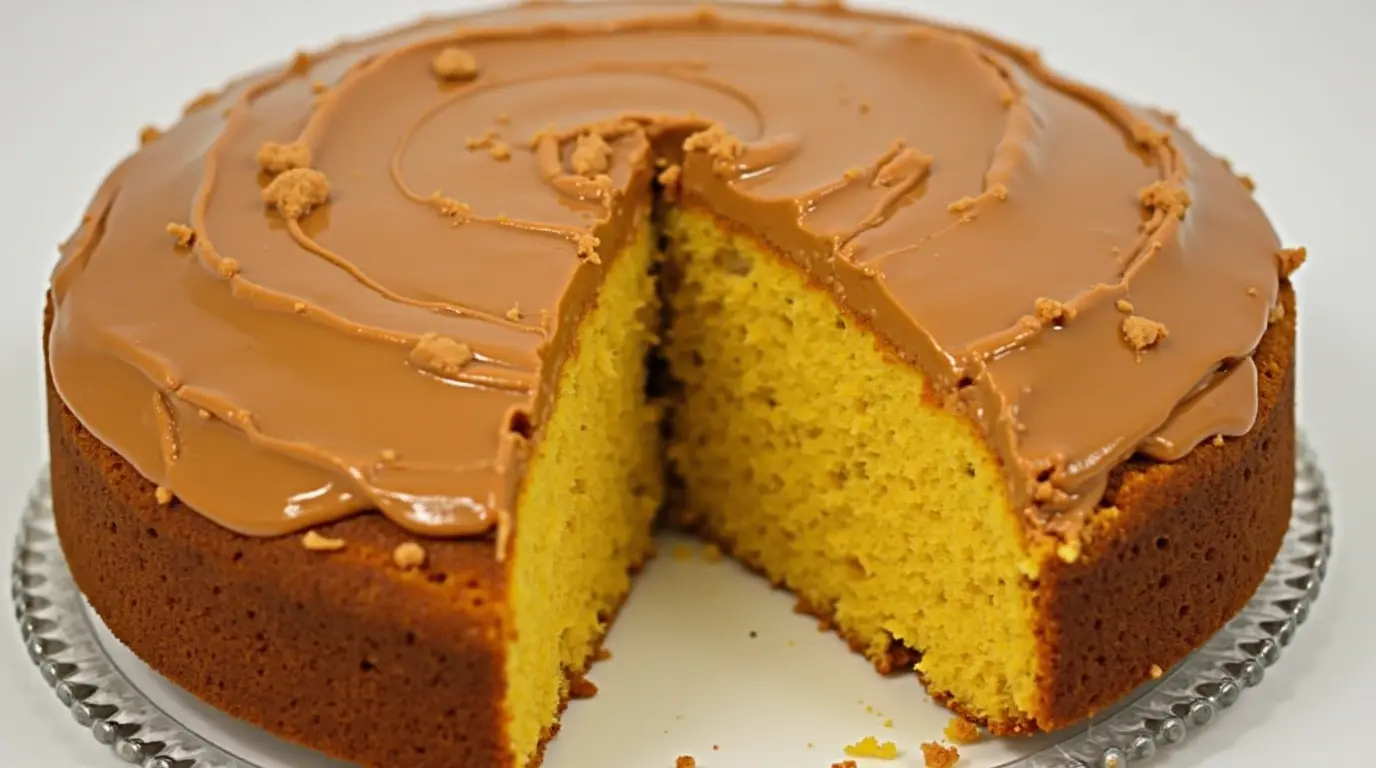 Slice of moist pumpkin cake with yellow cake mix, topped with cream cheese frosting and a sprinkle of cinnamon, served on a rustic plate.