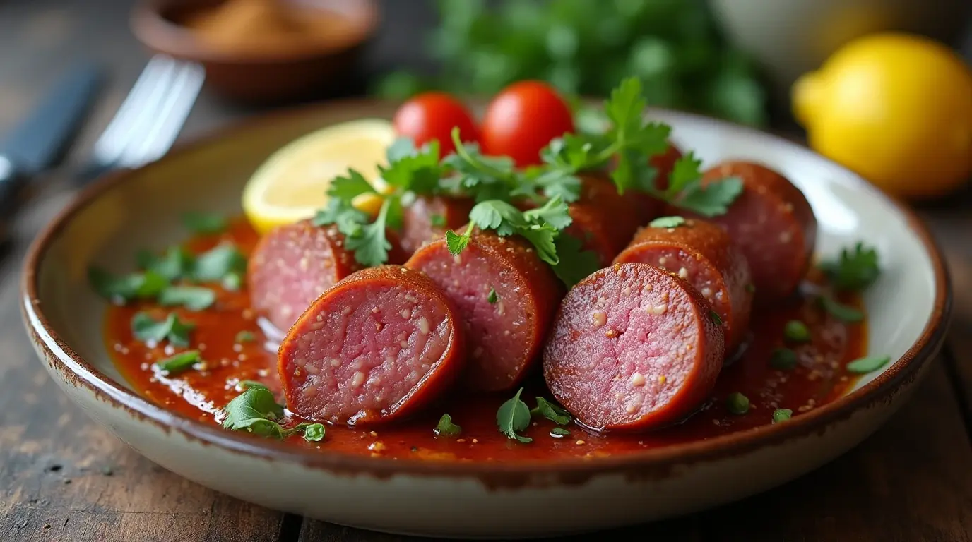 Beef Pan sausage with seasonings, served in a skillet, garnished with fresh