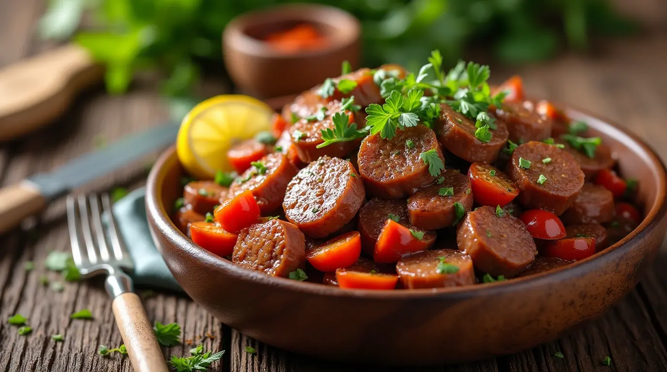 Healthy ground beef and sausage recipes with vegetables on a plate