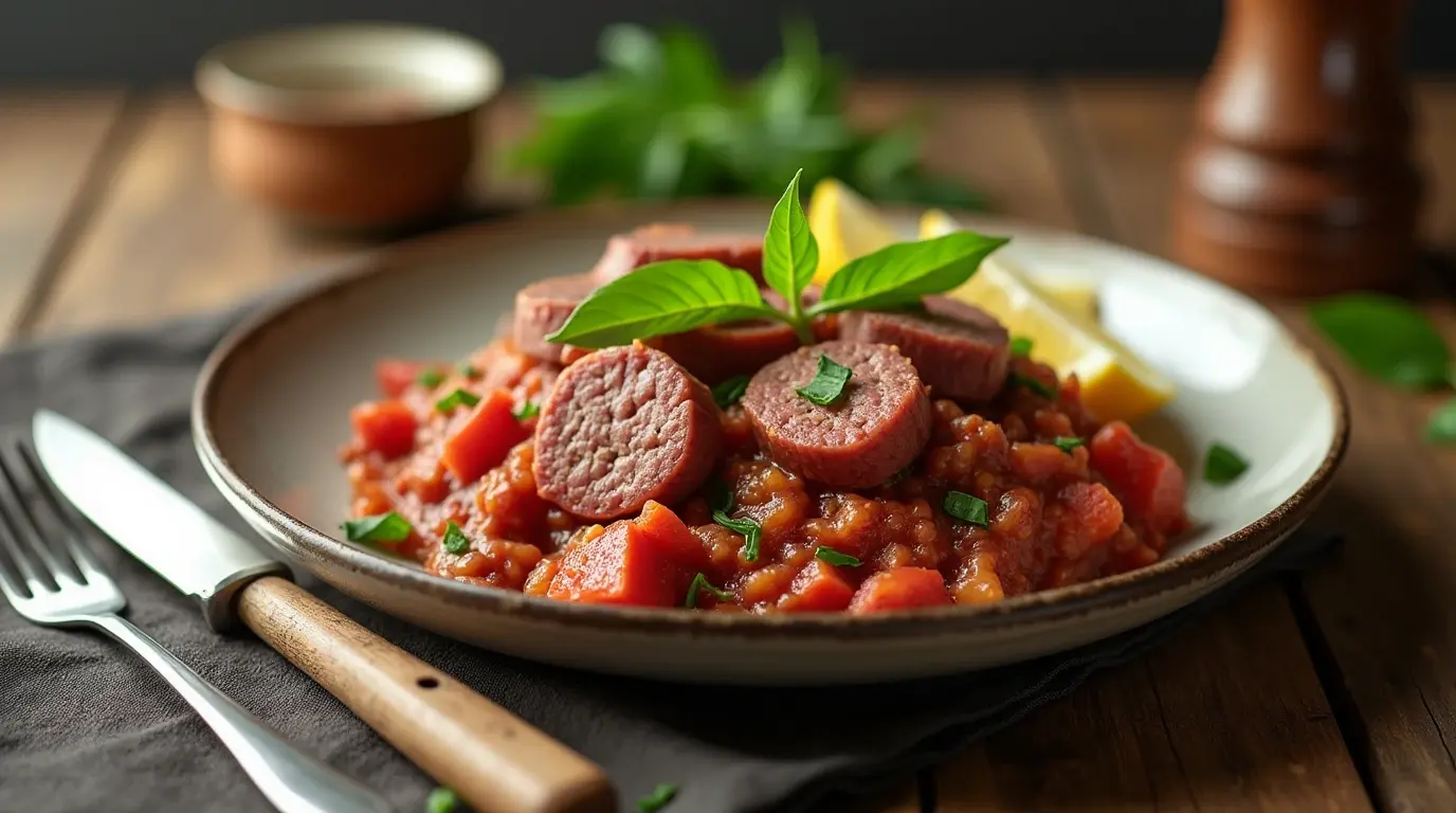 Homemade ground beef sausage patties on a skillet with herbs and spices.