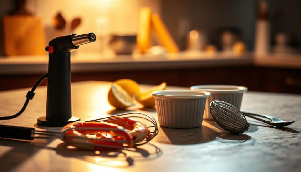 A close-up shot of a kitchen counter, bathed in soft, warm lighting. In the foreground, an array of gourmet crab brulee making tools: a small blowtorch, a set of silicone ramekins, a whisk, and a small spoon. The tools are arranged neatly, casting delicate shadows. In the middle ground, a few fresh crab claws and a couple of lemon wedges add a touch of culinary flair. The background is blurred, hinting at a well-equipped kitchen. The overall mood is one of refined elegance and culinary precision, setting the stage for an indulgent crab brulee experience. A close-up shot of a kitchen counter, bathed in soft, warm lighting. In the foreground, an array of gourmet crab brulee making tools: a small blowtorch, a set of silicone ramekins, a whisk, and a small spoon. The tools are arranged neatly, casting delicate shadows. In the middle ground, a few fresh crab claws and a couple of lemon wedges add a touch of culinary flair. The background is blurred, hinting at a well-equipped kitchen. The overall mood is one of refined elegance and culinary precision, setting the stage for an indulgent crab brulee experience.