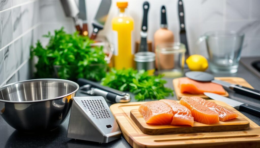 A contemporary kitchen countertop with a variety of tools and ingredients needed for preparing salmon cakes. In the foreground, a set of stainless steel mixing bowls, a grater, and a wooden cutting board with fresh salmon fillets. In the middle ground, a chef's knife, a can opener, and a spatula. In the background, a glass measuring cup, a bottle of lemon juice, and a bundle of fresh dill. Soft, even lighting illuminates the scene, highlighting the textures and colors of the culinary items. The overall mood is one of organized preparation, with a focus on the essential tools for crafting delicious salmon cakes. A contemporary kitchen countertop with a variety of tools and ingredients needed for preparing salmon cakes. In the foreground, a set of stainless steel mixing bowls, a grater, and a wooden cutting board with fresh salmon fillets. In the middle ground, a chef's knife, a can opener, and a spatula. In the background, a glass measuring cup, a bottle of lemon juice, and a bundle of fresh dill. Soft, even lighting illuminates the scene, highlighting the textures and colors of the culinary items. The overall mood is one of organized preparation, with a focus on the essential tools for crafting delicious salmon cakes.