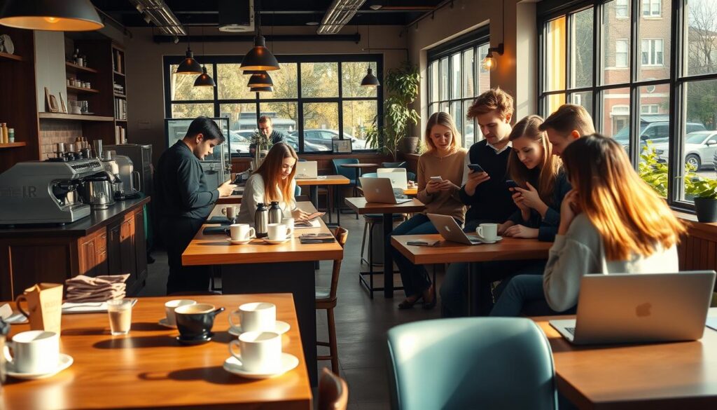 A cozy coffee shop interior, morning light filtering through large windows. On the tables, smartphones and laptops are scattered, their owners engrossed in scrolling and tapping. The barista, dressed in a crisp uniform, moves skillfully between the counters, serving up steaming mugs of coffee. The air is filled with the aroma of freshly brewed beans and the hum of animated conversations. In the corner, a group of young professionals lean in, deep in discussion, their faces illuminated by the glow of their screens. The overall atmosphere is one of productivity, creativity, and a certain social media-fueled frenzy - the "Coffee Loophole" trend in full swing. A cozy coffee shop interior, morning light filtering through large windows. On the tables, smartphones and laptops are scattered, their owners engrossed in scrolling and tapping. The barista, dressed in a crisp uniform, moves skillfully between the counters, serving up steaming mugs of coffee. The air is filled with the aroma of freshly brewed beans and the hum of animated conversations. In the corner, a group of young professionals lean in, deep in discussion, their faces illuminated by the glow of their screens. The overall atmosphere is one of productivity, creativity, and a certain social media-fueled frenzy - the "Coffee Loophole" trend in full swing.
