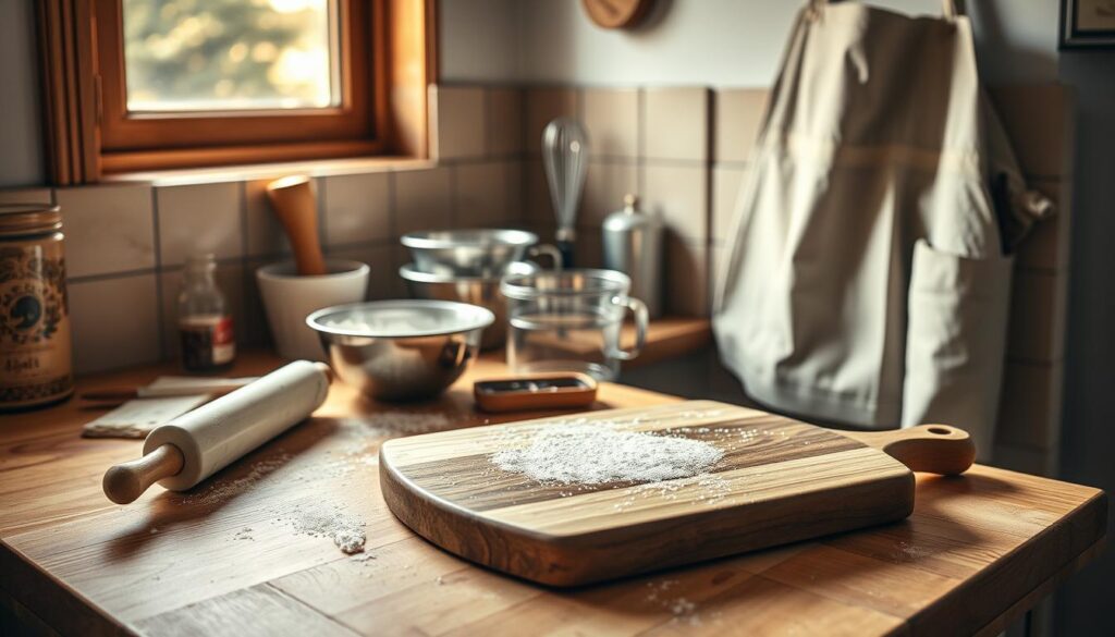 A cozy kitchen counter, bathed in warm, natural light from a nearby window. On the surface, an array of classic Gipfeli baking tools: a marble rolling pin, a set of graduated stainless steel mixing bowls, a whisk with a gleaming metal handle, and a dusting of flour in the air. In the foreground, a well-loved wooden board, scarred with the evidence of countless pastry sessions. Alongside, a vintage-inspired baker's apron hangs, ready to don. The overall mood is one of homespun charm and the promise of flaky, buttery Gipfeli goodness to come. A cozy kitchen counter, bathed in warm, natural light from a nearby window. On the surface, an array of classic Gipfeli baking tools: a marble rolling pin, a set of graduated stainless steel mixing bowls, a whisk with a gleaming metal handle, and a dusting of flour in the air. In the foreground, a well-loved wooden board, scarred with the evidence of countless pastry sessions. Alongside, a vintage-inspired baker's apron hangs, ready to don. The overall mood is one of homespun charm and the promise of flaky, buttery Gipfeli goodness to come.