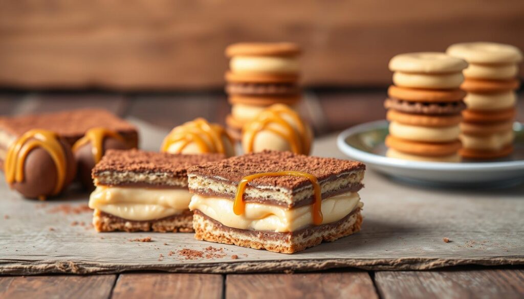 A delectable assortment of no-bake condensed milk treats, artfully arranged on a rustic wooden surface. In the foreground, a luscious layered dessert with creamy condensed milk filling and a dusting of cocoa powder. Beside it, bite-sized truffles or fudge-like bites, their surfaces glistening with a drizzle of caramelized condensed milk. Further back, an elegant display of individual servings, each a miniature tower of graham crackers or cookies, sandwiched with a rich, silky condensed milk cream. Soft, ambient lighting casts a warm glow, highlighting the indulgent textures and tempting hues. The overall scene exudes a sense of effortless sophistication, inviting the viewer to savor the simple yet decadent flavors of these no-bake condensed milk delights. A delectable assortment of no-bake condensed milk treats, artfully arranged on a rustic wooden surface. In the foreground, a luscious layered dessert with creamy condensed milk filling and a dusting of cocoa powder. Beside it, bite-sized truffles or fudge-like bites, their surfaces glistening with a drizzle of caramelized condensed milk. Further back, an elegant display of individual servings, each a miniature tower of graham crackers or cookies, sandwiched with a rich, silky condensed milk cream. Soft, ambient lighting casts a warm glow, highlighting the indulgent textures and tempting hues. The overall scene exudes a sense of effortless sophistication, inviting the viewer to savor the simple yet decadent flavors of these no-bake condensed milk delights.