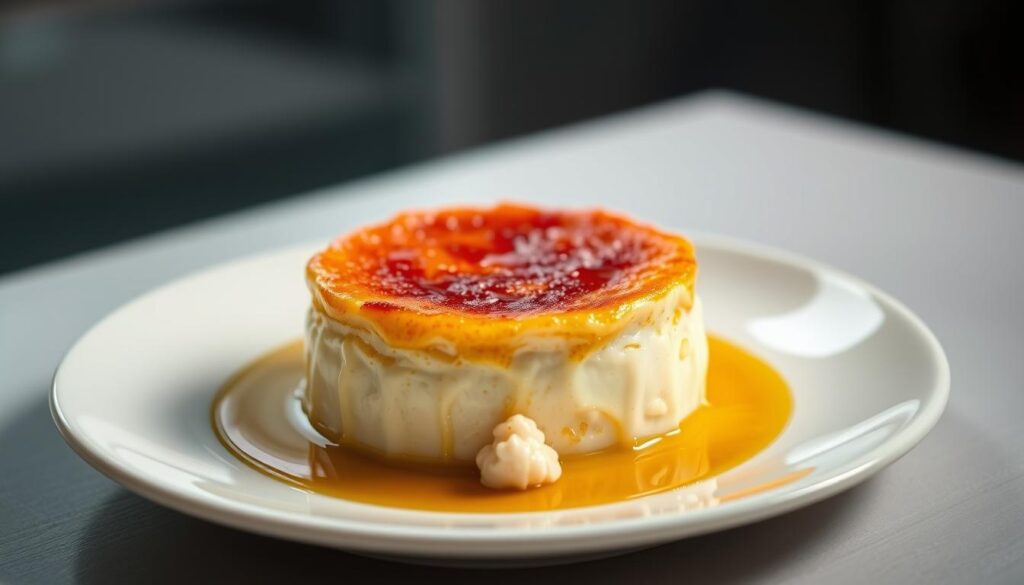 A delectable crab brulee, its golden-brown caramelized crust glistening under warm studio lighting. The creamy, savory custard base is infused with succulent crab meat, creating a harmonious blend of textures and flavors. The dish is artfully presented on a sleek white porcelain plate, with a slightly angled perspective to showcase its elegant plating. The background is softly blurred, allowing the crab brulee to take center stage and captivate the viewer's senses. The overall mood is one of refined culinary sophistication, inviting the viewer to imagine the rich, indulgent experience of this unique take on the classic crème brûlée. A delectable crab brulee, its golden-brown caramelized crust glistening under warm studio lighting. The creamy, savory custard base is infused with succulent crab meat, creating a harmonious blend of textures and flavors. The dish is artfully presented on a sleek white porcelain plate, with a slightly angled perspective to showcase its elegant plating. The background is softly blurred, allowing the crab brulee to take center stage and captivate the viewer's senses. The overall mood is one of refined culinary sophistication, inviting the viewer to imagine the rich, indulgent experience of this unique take on the classic crème brûlée.