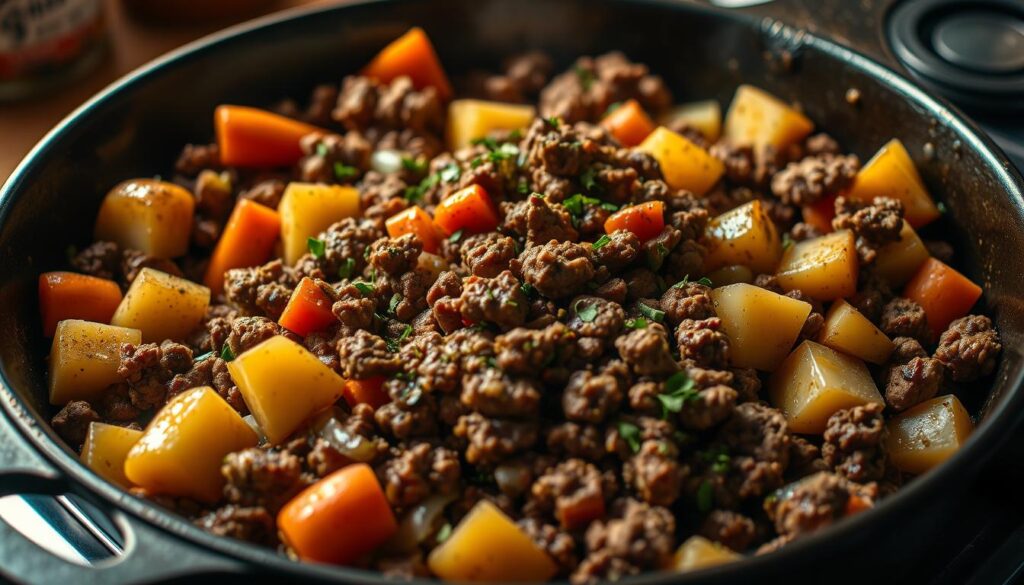 A delectable one-skillet ground beef and potato dish, sizzling in a cast-iron pan under warm, golden lighting. Juicy ground beef mingles with tender cubed potatoes, carrots, onions, and fragrant herbs and spices, creating a hearty, comforting meal. The scene is framed from a high-angle perspective, showcasing the dish's rustic, homemade appeal. Soft shadows and highlights add depth and dimension, while a slight blur in the background keeps the focus on the appetizing centerpiece. An inviting aroma and the promise of a satisfying dinner permeate the scene. A delectable one-skillet ground beef and potato dish, sizzling in a cast-iron pan under warm, golden lighting. Juicy ground beef mingles with tender cubed potatoes, carrots, onions, and fragrant herbs and spices, creating a hearty, comforting meal. The scene is framed from a high-angle perspective, showcasing the dish's rustic, homemade appeal. Soft shadows and highlights add depth and dimension, while a slight blur in the background keeps the focus on the appetizing centerpiece. An inviting aroma and the promise of a satisfying dinner permeate the scene.