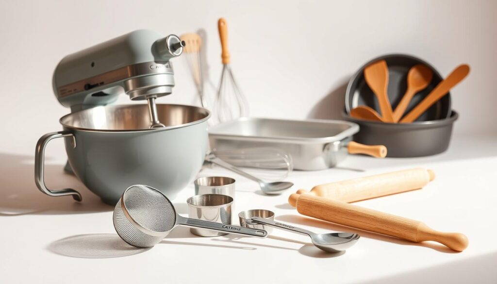 A meticulously crafted still-life composition, featuring an assortment of baking tools and utensils set against a clean, white background. In the foreground, a mixing bowl, a sifter, and a set of measuring cups and spoons are neatly arranged, casting soft shadows. In the middle ground, a whisk, a spatula, and a rolling pin create a visually balanced arrangement. In the background, a baking pan, a cake tin, and a few wooden spoons are placed, adding depth and suggesting the full scope of tools needed for homemade cake baking. The lighting is warm and natural, creating a cozy, inviting atmosphere. The overall image conveys a sense of order, preparation, and the joy of baking. A meticulously crafted still-life composition, featuring an assortment of baking tools and utensils set against a clean, white background. In the foreground, a mixing bowl, a sifter, and a set of measuring cups and spoons are neatly arranged, casting soft shadows. In the middle ground, a whisk, a spatula, and a rolling pin create a visually balanced arrangement. In the background, a baking pan, a cake tin, and a few wooden spoons are placed, adding depth and suggesting the full scope of tools needed for homemade cake baking. The lighting is warm and natural, creating a cozy, inviting atmosphere. The overall image conveys a sense of order, preparation, and the joy of baking.