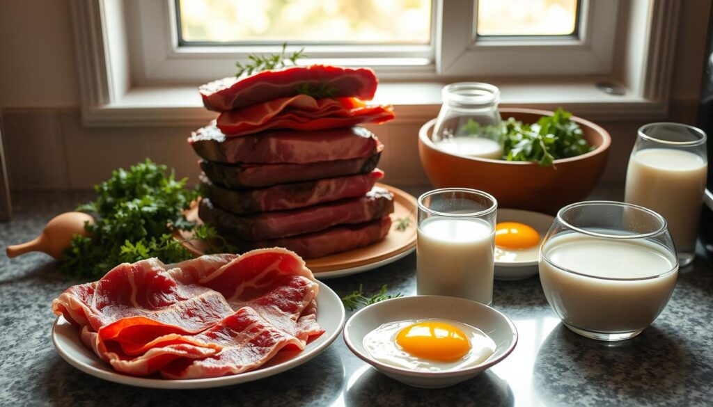 A neatly arranged countertop with various fresh carnivore-friendly ingredients, including a stack of pasture-raised steaks, a plate of crisp bacon, a bowl of scrambled eggs, and a glass of creamy full-fat milk. Warm natural light filters in through a nearby window, casting a cozy glow over the scene. The overall mood is one of simplicity, wholesomeness, and culinary preparedness, perfectly capturing the essence of an essential carnivore diet meal preparation. A neatly arranged countertop with various fresh carnivore-friendly ingredients, including a stack of pasture-raised steaks, a plate of crisp bacon, a bowl of scrambled eggs, and a glass of creamy full-fat milk. Warm natural light filters in through a nearby window, casting a cozy glow over the scene. The overall mood is one of simplicity, wholesomeness, and culinary preparedness, perfectly capturing the essence of an essential carnivore diet meal preparation.