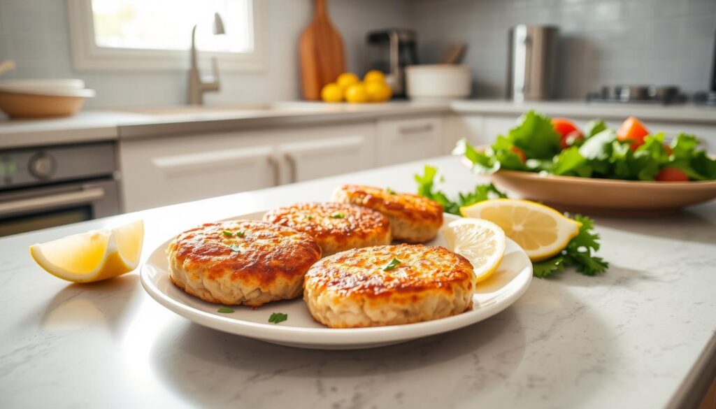 A neatly arranged kitchen countertop with a plate of freshly made salmon cakes, accompanied by a side salad and lemon wedges. The cakes have a golden-brown exterior and a flaky, moist interior, garnished with chopped parsley. Bright natural light filters in through a nearby window, casting a warm glow over the scene. In the background, minimal kitchen appliances and utensils suggest a quick, easy meal preparation. The overall mood is one of simplicity, health, and effortless culinary delights. A neatly arranged kitchen countertop with a plate of freshly made salmon cakes, accompanied by a side salad and lemon wedges. The cakes have a golden-brown exterior and a flaky, moist interior, garnished with chopped parsley. Bright natural light filters in through a nearby window, casting a warm glow over the scene. In the background, minimal kitchen appliances and utensils suggest a quick, easy meal preparation. The overall mood is one of simplicity, health, and effortless culinary delights.