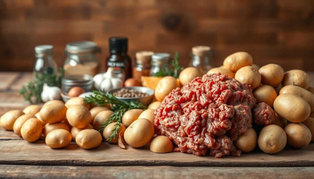 A neatly arranged still life on a rustic wooden surface, showcasing the essential ingredients for ground beef and potato dishes. In the foreground, fresh potatoes of various sizes and shapes are piled high, their earthy tones complemented by the rich hue of ground beef nestled beside them. In the middle ground, a collection of spices, herbs, and seasonings - such as garlic, onions, and thyme - add depth and complexity to the scene. The background is softly lit, creating a warm, inviting atmosphere that accentuates the natural textures and colors of the ingredients. The overall composition, captured with a shallow depth of field, conveys the comforting and homemade nature of these beloved ground beef and potato recipes. A neatly arranged still life on a rustic wooden surface, showcasing the essential ingredients for ground beef and potato dishes. In the foreground, fresh potatoes of various sizes and shapes are piled high, their earthy tones complemented by the rich hue of ground beef nestled beside them. In the middle ground, a collection of spices, herbs, and seasonings - such as garlic, onions, and thyme - add depth and complexity to the scene. The background is softly lit, creating a warm, inviting atmosphere that accentuates the natural textures and colors of the ingredients. The overall composition, captured with a shallow depth of field, conveys the comforting and homemade nature of these beloved ground beef and potato recipes.