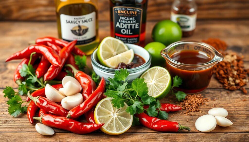 A neatly arranged still life on a rustic wooden surface, showcasing the key ingredients for a delectable chipotle chicken marinade. In the foreground, a collection of vibrant red chipotle peppers, sliced garlic cloves, and sprigs of fresh cilantro. In the middle ground, a bowl of tangy lime wedges and a measuring cup filled with rich, dark brown adobo sauce. The background features a bottle of premium olive oil and an array of fragrant spices, such as cumin, oregano, and smoked paprika, creating a warm, earthy atmosphere. Soft, natural lighting accentuates the rich colors and textures, inviting the viewer to imagine the robust, flavorful marinade. A neatly arranged still life on a rustic wooden surface, showcasing the key ingredients for a delectable chipotle chicken marinade. In the foreground, a collection of vibrant red chipotle peppers, sliced garlic cloves, and sprigs of fresh cilantro. In the middle ground, a bowl of tangy lime wedges and a measuring cup filled with rich, dark brown adobo sauce. The background features a bottle of premium olive oil and an array of fragrant spices, such as cumin, oregano, and smoked paprika, creating a warm, earthy atmosphere. Soft, natural lighting accentuates the rich colors and textures, inviting the viewer to imagine the robust, flavorful marinade.
