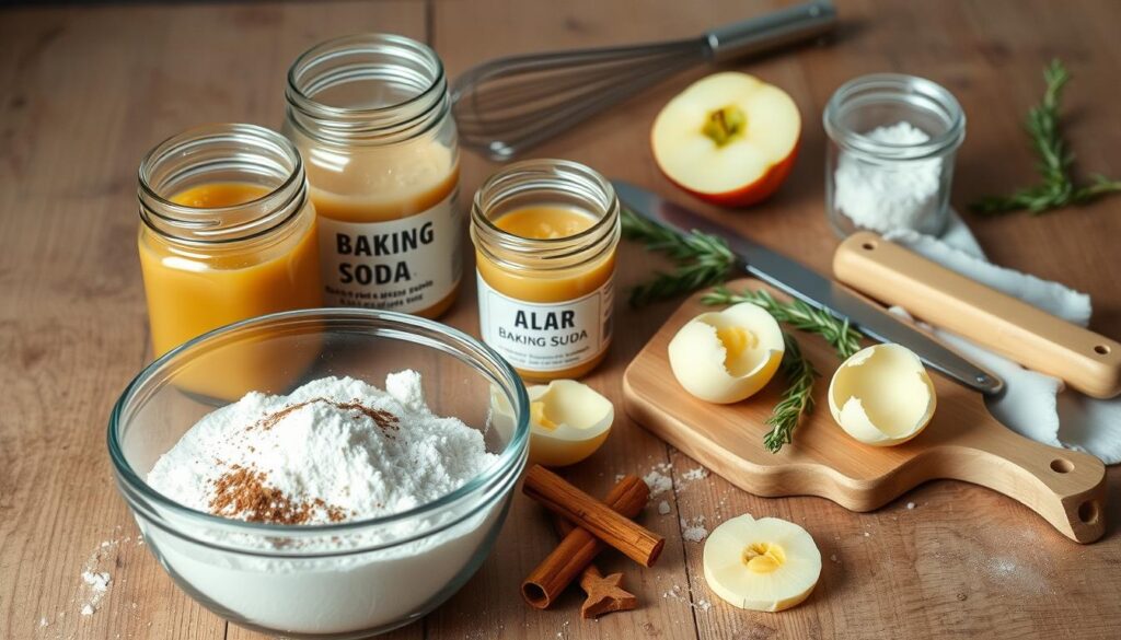 A neatly arranged still life on a rustic wooden table, showcasing the essential ingredients for baking a homemade applesauce cake. In the foreground, a mixing bowl filled with flour, sugar, baking soda, and cinnamon. Beside it, a jar of applesauce, a stick of butter, and freshly cracked eggs. In the middle ground, a cutting board with a halved apple and a zester. The background features a sifter, a whisk, and a sprig of rosemary, creating a warm, cozy atmosphere evocative of an authentic home-baking scene. Soft, natural lighting illuminates the composition, enhancing the inviting textures and colors of the ingredients. A neatly arranged still life on a rustic wooden table, showcasing the essential ingredients for baking a homemade applesauce cake. In the foreground, a mixing bowl filled with flour, sugar, baking soda, and cinnamon. Beside it, a jar of applesauce, a stick of butter, and freshly cracked eggs. In the middle ground, a cutting board with a halved apple and a zester. The background features a sifter, a whisk, and a sprig of rosemary, creating a warm, cozy atmosphere evocative of an authentic home-baking scene. Soft, natural lighting illuminates the composition, enhancing the inviting textures and colors of the ingredients.