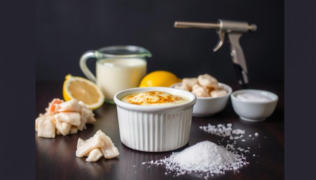 A neatly arranged still life showcasing the essential ingredients for an exquisite crab brûlée. In the foreground, a gleaming white ramekin sits atop a dark wooden surface, surrounded by fresh lump crab meat, heavy cream, a wedge of lemon, and a sprinkle of coarse sea salt. In the middle ground, a chef's blowtorch and a small bowl of white sugar stand ready to create the perfect caramelized topping. The background features a soft, diffused light, highlighting the natural textures and colors of the ingredients. The overall mood is one of culinary anticipation, inviting the viewer to imagine the rich, creamy, and perfectly crisp crab brûlée to come. A neatly arranged still life showcasing the essential ingredients for an exquisite crab brûlée. In the foreground, a gleaming white ramekin sits atop a dark wooden surface, surrounded by fresh lump crab meat, heavy cream, a wedge of lemon, and a sprinkle of coarse sea salt. In the middle ground, a chef's blowtorch and a small bowl of white sugar stand ready to create the perfect caramelized topping. The background features a soft, diffused light, highlighting the natural textures and colors of the ingredients. The overall mood is one of culinary anticipation, inviting the viewer to imagine the rich, creamy, and perfectly crisp crab brûlée to come.