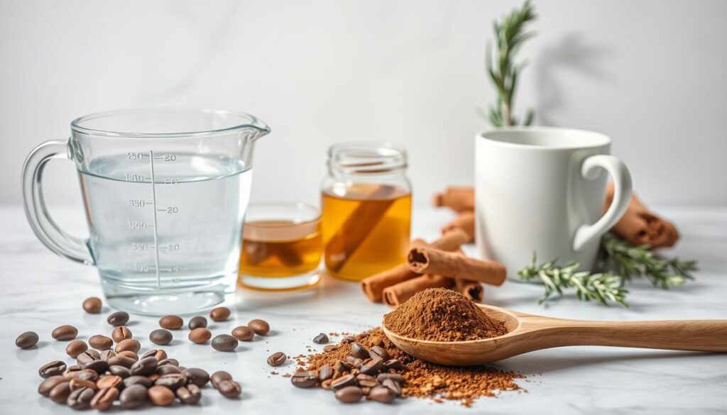 A neatly arranged still life showcasing the key ingredients for a revitalizing coffee cleanse. In the foreground, several whole coffee beans, freshly ground coffee powder, and a wooden spoon rest atop a marble surface. In the middle ground, a glass measuring cup filled with crystal-clear spring water, a small glass jar of organic honey, and a handful of aromatic cinnamon sticks. In the background, a pristine white mug, a bundle of earthy turmeric root, and a sprig of fragrant rosemary create a soothing, natural ambiance. Soft, diffused lighting from an overhead window illuminates the scene, casting gentle shadows and highlighting the rich colors and textures of the components. The overall mood is one of wellness, balance, and the promise of a reinvigorating coffee-based cleansing ritual. A neatly arranged still life showcasing the key ingredients for a revitalizing coffee cleanse. In the foreground, several whole coffee beans, freshly ground coffee powder, and a wooden spoon rest atop a marble surface. In the middle ground, a glass measuring cup filled with crystal-clear spring water, a small glass jar of organic honey, and a handful of aromatic cinnamon sticks. In the background, a pristine white mug, a bundle of earthy turmeric root, and a sprig of fragrant rosemary create a soothing, natural ambiance. Soft, diffused lighting from an overhead window illuminates the scene, casting gentle shadows and highlighting the rich colors and textures of the components. The overall mood is one of wellness, balance, and the promise of a reinvigorating coffee-based cleansing ritual.