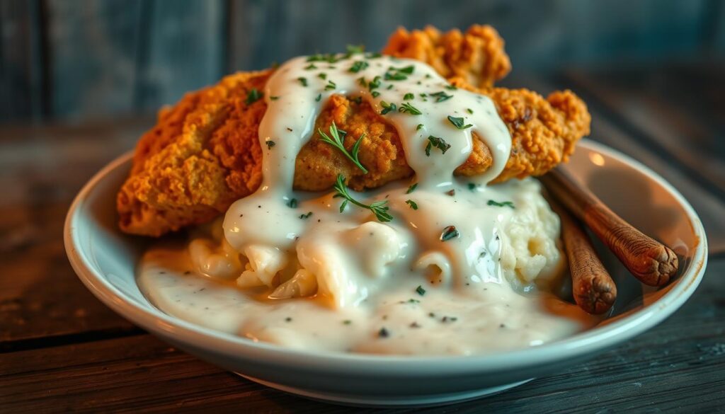 A piping hot plate of classic Southern-style chicken and creamy white gravy, set against a rustic wooden table. The juicy, golden-fried chicken is nestled atop fluffy mashed potatoes, with the rich, velvety gravy cascading over the edges. The aroma of savory herbs and roasted garlic fills the air, creating a cozy, comforting atmosphere. Warm, soft lighting casts a gentle glow, accentuating the dish's hearty, homemade appeal. The presentation is simple yet elegant, capturing the essence of genuine, soulful Southern comfort food that has been passed down through generations. A piping hot plate of classic Southern-style chicken and creamy white gravy, set against a rustic wooden table. The juicy, golden-fried chicken is nestled atop fluffy mashed potatoes, with the rich, velvety gravy cascading over the edges. The aroma of savory herbs and roasted garlic fills the air, creating a cozy, comforting atmosphere. Warm, soft lighting casts a gentle glow, accentuating the dish's hearty, homemade appeal. The presentation is simple yet elegant, capturing the essence of genuine, soulful Southern comfort food that has been passed down through generations.