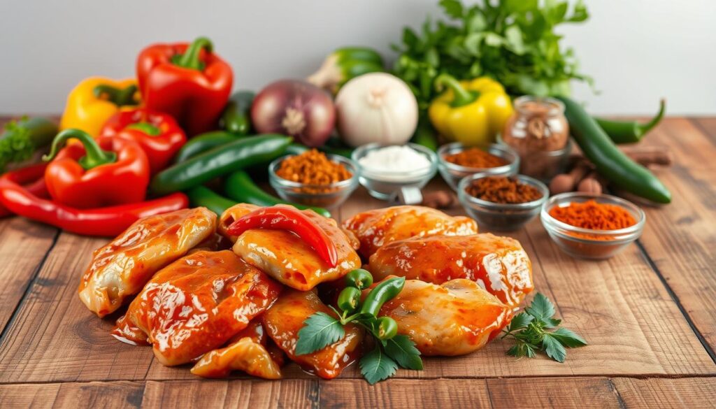 A rustic wooden table, its surface cluttered with the essential ingredients for a delectable Chipotle Chicken meal prep. In the foreground, a pile of juicy, marinated chicken thighs, their deep-red hue hinting at the bold flavors to come. Alongside, a colorful assortment of fresh bell peppers, onions, and jalapeños, their vibrant hues contrasting against the earthy tones of the table. In the middle ground, a selection of aromatic spices, including chili powder, cumin, and smoked paprika, arranged in small bowls, ready to infuse the dish with their distinctive flavors. In the background, a neutral, softly-lit backdrop, allowing the ingredients to take center stage and entice the viewer with the promise of a delicious, homemade Chipotle Chicken meal. A rustic wooden table, its surface cluttered with the essential ingredients for a delectable Chipotle Chicken meal prep. In the foreground, a pile of juicy, marinated chicken thighs, their deep-red hue hinting at the bold flavors to come. Alongside, a colorful assortment of fresh bell peppers, onions, and jalapeños, their vibrant hues contrasting against the earthy tones of the table. In the middle ground, a selection of aromatic spices, including chili powder, cumin, and smoked paprika, arranged in small bowls, ready to infuse the dish with their distinctive flavors. In the background, a neutral, softly-lit backdrop, allowing the ingredients to take center stage and entice the viewer with the promise of a delicious, homemade Chipotle Chicken meal.