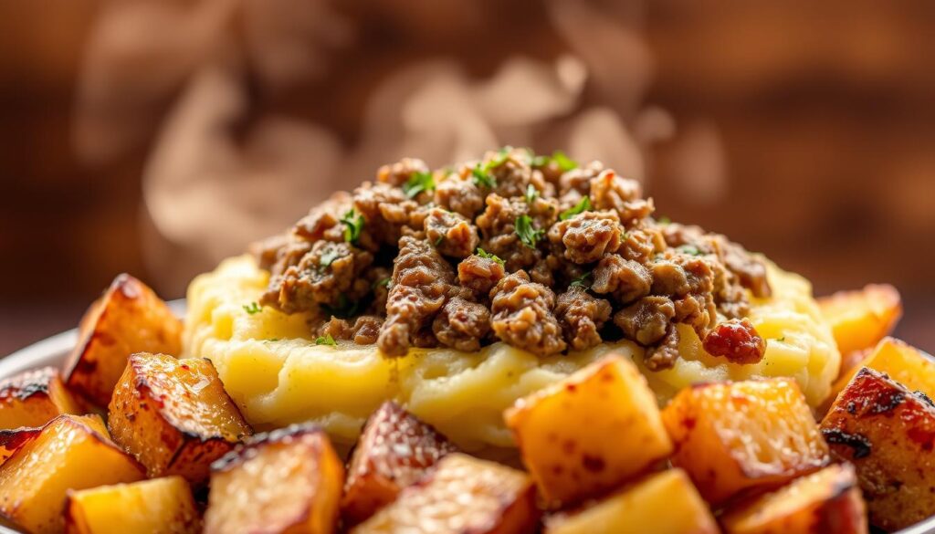 A savory ground beef and potato dish, steaming hot and ready to serve. In the foreground, a generous portion of juicy ground beef, seasoned with fragrant herbs and spices, nestled atop a bed of fluffy, golden-brown mashed potatoes. The middle ground showcases tender, roasted potato cubes, their crisp edges caramelized to perfection. Surrounding the dish, a warm, earthy background of rich brown tones, evocative of a homey, rustic kitchen. Soft, diffused lighting casts a cozy glow, highlighting the dish's comforting textures and flavors. The overall scene exudes a sense of nourishment and hearty satisfaction, perfectly capturing the essence of the "Perfect Combination of Ground Beef and Potatoes". A savory ground beef and potato dish, steaming hot and ready to serve. In the foreground, a generous portion of juicy ground beef, seasoned with fragrant herbs and spices, nestled atop a bed of fluffy, golden-brown mashed potatoes. The middle ground showcases tender, roasted potato cubes, their crisp edges caramelized to perfection. Surrounding the dish, a warm, earthy background of rich brown tones, evocative of a homey, rustic kitchen. Soft, diffused lighting casts a cozy glow, highlighting the dish's comforting textures and flavors. The overall scene exudes a sense of nourishment and hearty satisfaction, perfectly capturing the essence of the "Perfect Combination of Ground Beef and Potatoes".