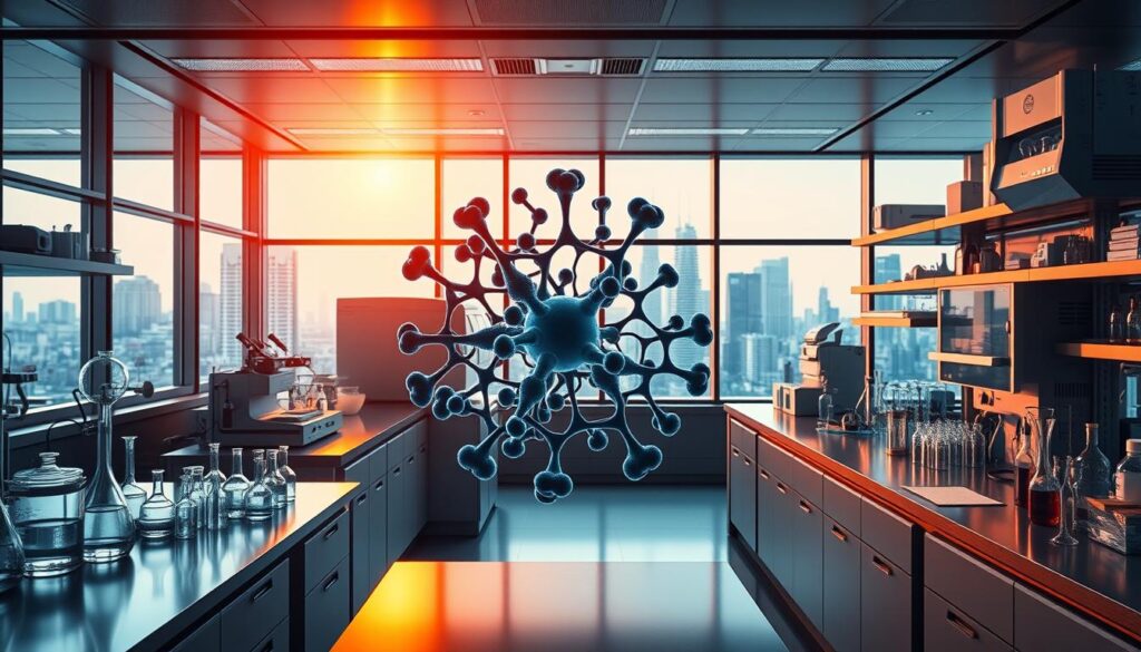 A sleek, modern laboratory interior with state-of-the-art scientific equipment. In the foreground, a central workstation features a stylized 3D molecular model, representing the complex biological processes of metabolic activation. Warm, focused lighting casts dramatic shadows, emphasizing the intricate details. In the middle ground, various beakers, pipettes, and cutting-edge analytical instruments line the countertops, conveying a sense of ongoing research and discovery. The background showcases floor-to-ceiling windows, offering a glimpse of a cityscape skyline, suggesting the broader scientific ecosystem supporting this work. The overall mood is one of scientific rigor, innovation, and the pursuit of understanding the fundamental mechanisms of metabolism. A sleek, modern laboratory interior with state-of-the-art scientific equipment. In the foreground, a central workstation features a stylized 3D molecular model, representing the complex biological processes of metabolic activation. Warm, focused lighting casts dramatic shadows, emphasizing the intricate details. In the middle ground, various beakers, pipettes, and cutting-edge analytical instruments line the countertops, conveying a sense of ongoing research and discovery. The background showcases floor-to-ceiling windows, offering a glimpse of a cityscape skyline, suggesting the broader scientific ecosystem supporting this work. The overall mood is one of scientific rigor, innovation, and the pursuit of understanding the fundamental mechanisms of metabolism.