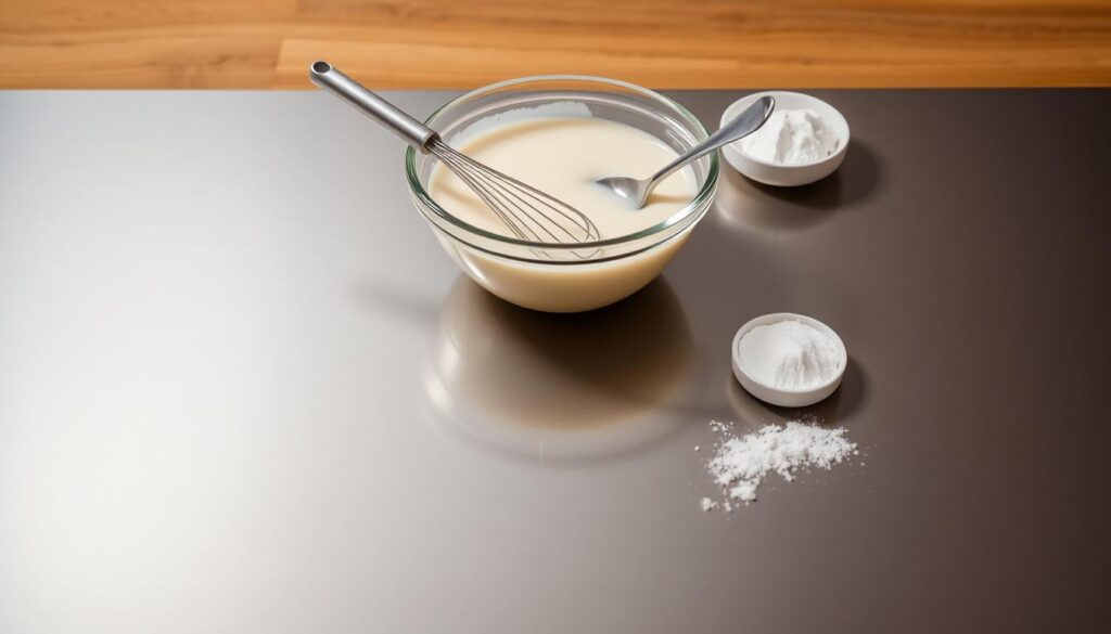 A sleek stainless steel kitchen counter with a background of warm, earthy wood tones. Atop the counter, a glass bowl filled with creamy, glistening condensed milk, accompanied by a whisk, a spoon, and a small saucer of powdered sugar. Soft, diffused lighting casts a gentle glow, highlighting the smooth, viscous texture of the condensed milk. The scene exudes a sense of simplicity and culinary expertise, inviting the viewer to explore the versatile applications of this beloved dairy product. A sleek stainless steel kitchen counter with a background of warm, earthy wood tones. Atop the counter, a glass bowl filled with creamy, glistening condensed milk, accompanied by a whisk, a spoon, and a small saucer of powdered sugar. Soft, diffused lighting casts a gentle glow, highlighting the smooth, viscous texture of the condensed milk. The scene exudes a sense of simplicity and culinary expertise, inviting the viewer to explore the versatile applications of this beloved dairy product.