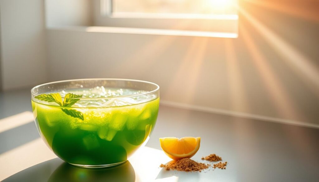 A stainless steel mixing bowl filled with a vibrant, effervescent green liquid sits on a sleek, minimalist countertop. Rays of warm, natural light from a nearby window cast a soft glow, highlighting the drink's inviting hue. Carefully arranged beside the bowl are a few fresh, organic ingredients - a sprig of mint, a slice of lemon, and a handful of what appear to be crushed herbs or powders. The overall scene exudes a sense of wellness, balance, and the intentional preparation of a nourishing, metabolic-boosting beverage. A stainless steel mixing bowl filled with a vibrant, effervescent green liquid sits on a sleek, minimalist countertop. Rays of warm, natural light from a nearby window cast a soft glow, highlighting the drink's inviting hue. Carefully arranged beside the bowl are a few fresh, organic ingredients - a sprig of mint, a slice of lemon, and a handful of what appear to be crushed herbs or powders. The overall scene exudes a sense of wellness, balance, and the intentional preparation of a nourishing, metabolic-boosting beverage.