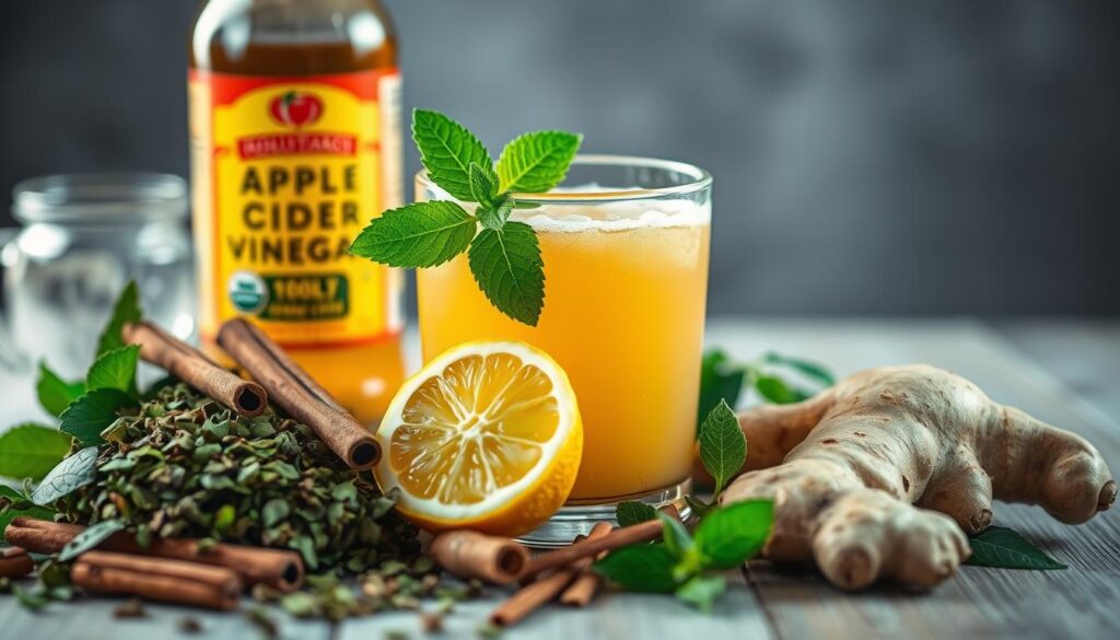 A still life arrangement of the key ingredients for a natural Mounjaro recipe, photographed in soft, natural lighting with a shallow depth of field. In the foreground, a collection of whole, fresh ingredients such as green tea leaves, cinnamon sticks, ginger root, and a bottle of apple cider vinegar. In the middle ground, a glass filled with a golden, frothy liquid, complemented by a sliced lemon and a sprig of mint. The background is blurred, highlighting the central focus on the natural, wholesome ingredients that make up this metabolic-boosting drink. A still life arrangement of the key ingredients for a natural Mounjaro recipe, photographed in soft, natural lighting with a shallow depth of field. In the foreground, a collection of whole, fresh ingredients such as green tea leaves, cinnamon sticks, ginger root, and a bottle of apple cider vinegar. In the middle ground, a glass filled with a golden, frothy liquid, complemented by a sliced lemon and a sprig of mint. The background is blurred, highlighting the central focus on the natural, wholesome ingredients that make up this metabolic-boosting drink.
