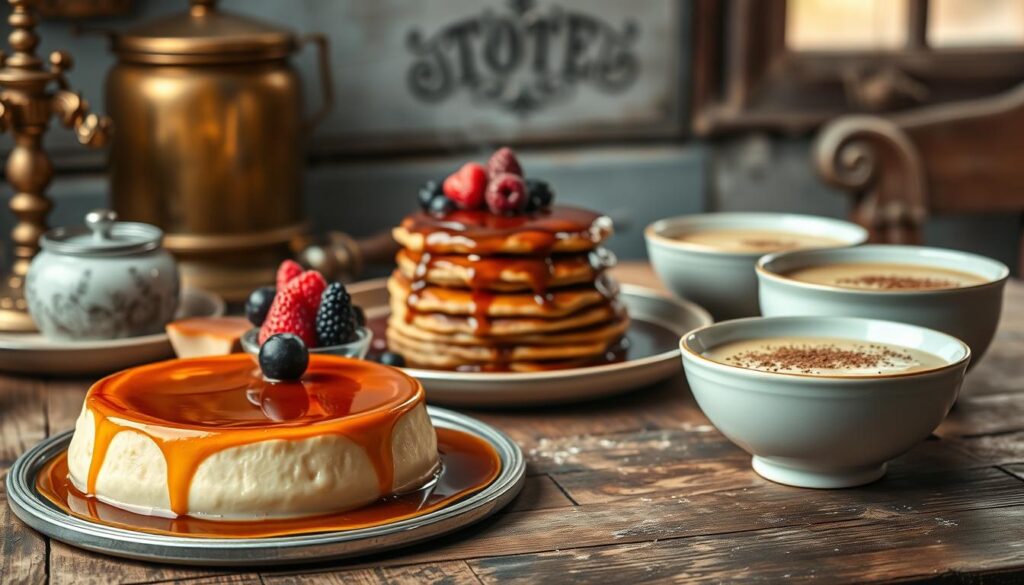 A sumptuous display of luscious condensed milk desserts on a rustic wooden table. In the foreground, a creamy flan with a golden caramelized top sits alongside a velvety no-bake cheesecake garnished with fresh berries. In the middle ground, a stack of decadent dulce de leche-filled pancakes drizzled with syrup, and a bowl of silky condensed milk pudding topped with a dusting of cocoa powder. The background features a vintage-inspired setting with antique brass accents, soft natural lighting, and a hint of steam rising from the desserts, creating an atmosphere of cozy indulgence. A sumptuous display of luscious condensed milk desserts on a rustic wooden table. In the foreground, a creamy flan with a golden caramelized top sits alongside a velvety no-bake cheesecake garnished with fresh berries. In the middle ground, a stack of decadent dulce de leche-filled pancakes drizzled with syrup, and a bowl of silky condensed milk pudding topped with a dusting of cocoa powder. The background features a vintage-inspired setting with antique brass accents, soft natural lighting, and a hint of steam rising from the desserts, creating an atmosphere of cozy indulgence.