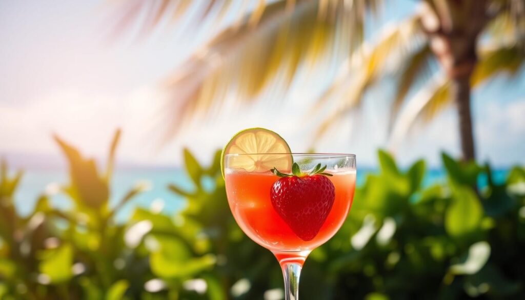 A vibrant, refreshing strawberry margarita cocktail set against a lush, sun-drenched summer backdrop. In the foreground, the drink is garnished with a slice of fresh lime and a ripe, juicy strawberry, its crimson hues glistening under soft, warm lighting. The middle ground features a blurred, verdant foliage, hinting at a luxurious tropical locale. The background is filled with a cloudless azure sky, suggesting a serene, tranquil atmosphere perfect for enjoying this tantalizing libation. The overall composition evokes a sense of rejuvenation, indulgence, and the carefree spirit of summer. A vibrant, refreshing strawberry margarita cocktail set against a lush, sun-drenched summer backdrop. In the foreground, the drink is garnished with a slice of fresh lime and a ripe, juicy strawberry, its crimson hues glistening under soft, warm lighting. The middle ground features a blurred, verdant foliage, hinting at a luxurious tropical locale. The background is filled with a cloudless azure sky, suggesting a serene, tranquil atmosphere perfect for enjoying this tantalizing libation. The overall composition evokes a sense of rejuvenation, indulgence, and the carefree spirit of summer.