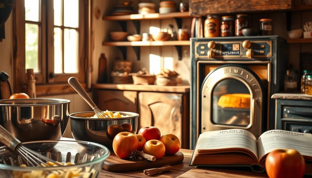 A warm, cozy kitchen filled with the inviting aroma of freshly baked applesauce cake. In the foreground, a vintage-inspired baking scene - a sturdy mixing bowl, a whisk, and a wooden spoon stirring a homemade batter. Sunlight streams through a nearby window, casting a gentle glow on the lush, ripe apples and fragrant spices arranged on the countertop. In the middle ground, an old-fashioned oven with a gleaming, brass door, its door slightly ajar, revealing the golden-brown cake rising within. The background showcases a rustic, farmhouse-style interior - weathered wooden shelves, jars of preserves, and a well-worn cookbook open to a classic applesauce cake recipe. The overall atmosphere is one of comforting tradition, homemade goodness, and the time-honored ritual of baking. A warm, cozy kitchen filled with the inviting aroma of freshly baked applesauce cake. In the foreground, a vintage-inspired baking scene - a sturdy mixing bowl, a whisk, and a wooden spoon stirring a homemade batter. Sunlight streams through a nearby window, casting a gentle glow on the lush, ripe apples and fragrant spices arranged on the countertop. In the middle ground, an old-fashioned oven with a gleaming, brass door, its door slightly ajar, revealing the golden-brown cake rising within. The background showcases a rustic, farmhouse-style interior - weathered wooden shelves, jars of preserves, and a well-worn cookbook open to a classic applesauce cake recipe. The overall atmosphere is one of comforting tradition, homemade goodness, and the time-honored ritual of baking.