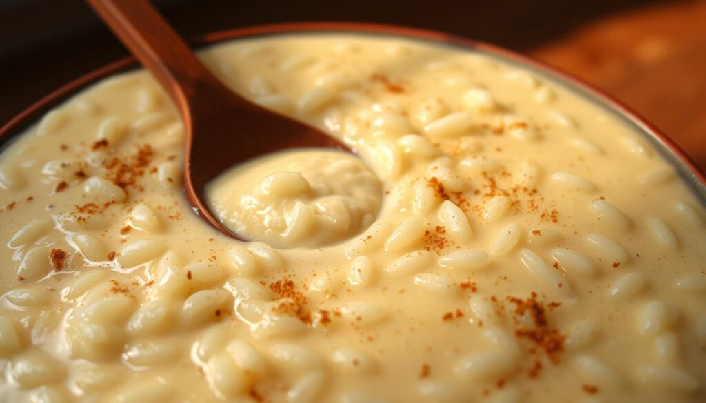 A warm, creamy, and richly textured bowl of traditional Latin American rice pudding, known as "arroz con leche". The foreground features a close-up view of the pudding, with luscious, silky grains of sticky white rice suspended in a velvety, ivory-colored custard. Specks of cinnamon and a light dusting of ground nutmeg add depth of flavor and visual interest. Soft, indirect lighting casts a golden glow, highlighting the dish's comforting and homemade appearance. In the middle ground, a wooden spoon rests gently in the center, inviting the viewer to dig in. The background is a simple, uncluttered setting, allowing the rice pudding to be the star of the scene. A warm, creamy, and richly textured bowl of traditional Latin American rice pudding, known as "arroz con leche". The foreground features a close-up view of the pudding, with luscious, silky grains of sticky white rice suspended in a velvety, ivory-colored custard. Specks of cinnamon and a light dusting of ground nutmeg add depth of flavor and visual interest. Soft, indirect lighting casts a golden glow, highlighting the dish's comforting and homemade appearance. In the middle ground, a wooden spoon rests gently in the center, inviting the viewer to dig in. The background is a simple, uncluttered setting, allowing the rice pudding to be the star of the scene.