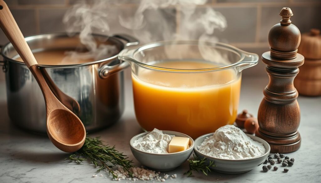 A well-lit countertop arrangement of the key ingredients for homemade chicken gravy - a steaming pot of chicken stock, a wooden spoon, a small bowl of all-purpose flour, a pat of butter, fresh thyme sprigs, and peppercorns in a rustic grinder. The lighting is warm and inviting, casting a soft glow on the scene. The composition is balanced, with the ingredients thoughtfully placed to create a visually appealing and appetizing display, hinting at the delicious comfort food to come. The overall mood is one of homemade goodness and culinary craftsmanship. A well-lit countertop arrangement of the key ingredients for homemade chicken gravy - a steaming pot of chicken stock, a wooden spoon, a small bowl of all-purpose flour, a pat of butter, fresh thyme sprigs, and peppercorns in a rustic grinder. The lighting is warm and inviting, casting a soft glow on the scene. The composition is balanced, with the ingredients thoughtfully placed to create a visually appealing and appetizing display, hinting at the delicious comfort food to come. The overall mood is one of homemade goodness and culinary craftsmanship.