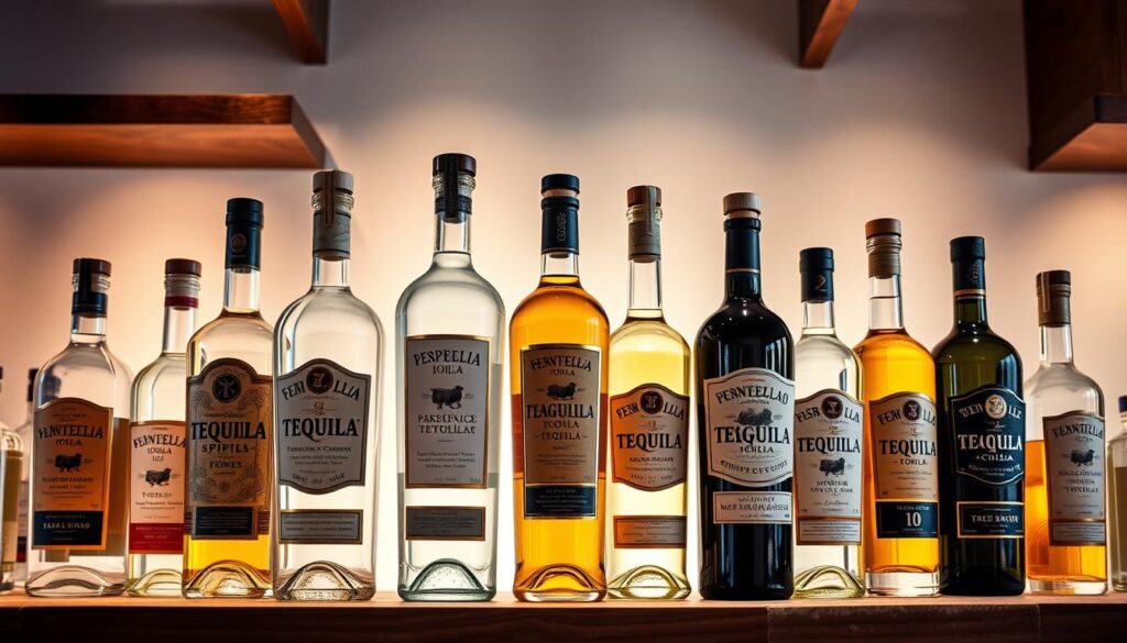 A well-lit, high-quality image of a tequila selection display featuring various premium tequila bottles in different sizes, shapes, and colors, with a focus on agave-based spirits suitable for making craft margaritas. The bottles are arranged on wooden shelves or a stone countertop, with a clean, modern backdrop that showcases the artisanal, high-end nature of the tequila selection. The lighting is warm and inviting, creating a sophisticated, restaurant-like atmosphere that conveys the care and attention given to curating the perfect tequila for an exceptional margarita experience. A well-lit, high-quality image of a tequila selection display featuring various premium tequila bottles in different sizes, shapes, and colors, with a focus on agave-based spirits suitable for making craft margaritas. The bottles are arranged on wooden shelves or a stone countertop, with a clean, modern backdrop that showcases the artisanal, high-end nature of the tequila selection. The lighting is warm and inviting, creating a sophisticated, restaurant-like atmosphere that conveys the care and attention given to curating the perfect tequila for an exceptional margarita experience.
