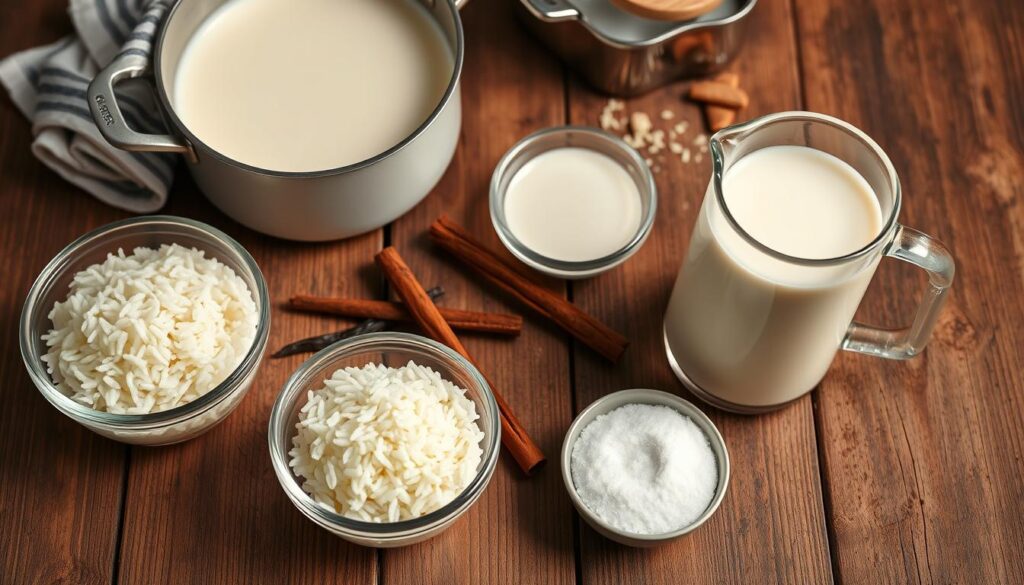 A well-lit, high-resolution overhead view of an assortment of ingredients for a creamy rice dish, artfully arranged on a rustic wooden table. In the foreground, jasmine rice, evaporated milk, and condensed milk in glass bowls. In the middle ground, cinnamon sticks, vanilla bean pods, and a small bowl of white sugar. In the background, a saucepan, a wooden spoon, and a dish towel. Soft, warm lighting casts a cozy, inviting atmosphere, highlighting the textures and colors of the ingredients. A well-lit, high-resolution overhead view of an assortment of ingredients for a creamy rice dish, artfully arranged on a rustic wooden table. In the foreground, jasmine rice, evaporated milk, and condensed milk in glass bowls. In the middle ground, cinnamon sticks, vanilla bean pods, and a small bowl of white sugar. In the background, a saucepan, a wooden spoon, and a dish towel. Soft, warm lighting casts a cozy, inviting atmosphere, highlighting the textures and colors of the ingredients.