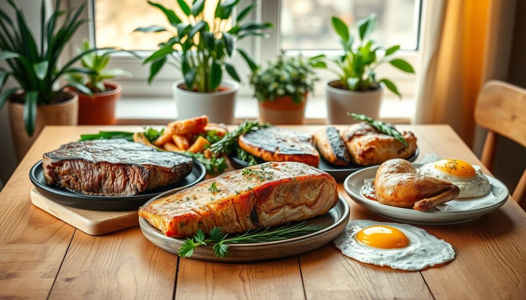 A well-lit, high-resolution photograph of a wooden table showcasing various carnivore diet dishes, including a medium-rare steak, grilled salmon, roasted chicken, and scrambled eggs. The table is set against a soft, natural backdrop with potted plants and a window letting in warm, diffused sunlight. The composition emphasizes the textures and colors of the animal-based proteins, highlighting their nutritional value and satisfying qualities. The overall mood is inviting, highlighting the simplicity and nourishing nature of a carnivore-focused meal. A well-lit, high-resolution photograph of a wooden table showcasing various carnivore diet dishes, including a medium-rare steak, grilled salmon, roasted chicken, and scrambled eggs. The table is set against a soft, natural backdrop with potted plants and a window letting in warm, diffused sunlight. The composition emphasizes the textures and colors of the animal-based proteins, highlighting their nutritional value and satisfying qualities. The overall mood is inviting, highlighting the simplicity and nourishing nature of a carnivore-focused meal.