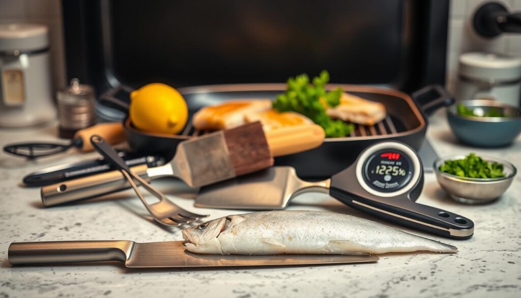 A well-lit kitchen counter holding an array of swordfish cooking tools and equipment. In the foreground, a sharp stainless steel fillet knife, a pair of fish tweezers, and a lemon zester. In the middle ground, a heavy-duty fish spatula, a basting brush, and a small digital food thermometer. The background features a high-quality nonstick grill pan, a lemon squeezer, and a small bowl of freshly chopped parsley. The lighting is soft and diffused, creating a warm, inviting atmosphere that highlights the polished, professional-grade tools needed to prepare a perfectly cooked swordfish dish. A well-lit kitchen counter holding an array of swordfish cooking tools and equipment. In the foreground, a sharp stainless steel fillet knife, a pair of fish tweezers, and a lemon zester. In the middle ground, a heavy-duty fish spatula, a basting brush, and a small digital food thermometer. The background features a high-quality nonstick grill pan, a lemon squeezer, and a small bowl of freshly chopped parsley. The lighting is soft and diffused, creating a warm, inviting atmosphere that highlights the polished, professional-grade tools needed to prepare a perfectly cooked swordfish dish.