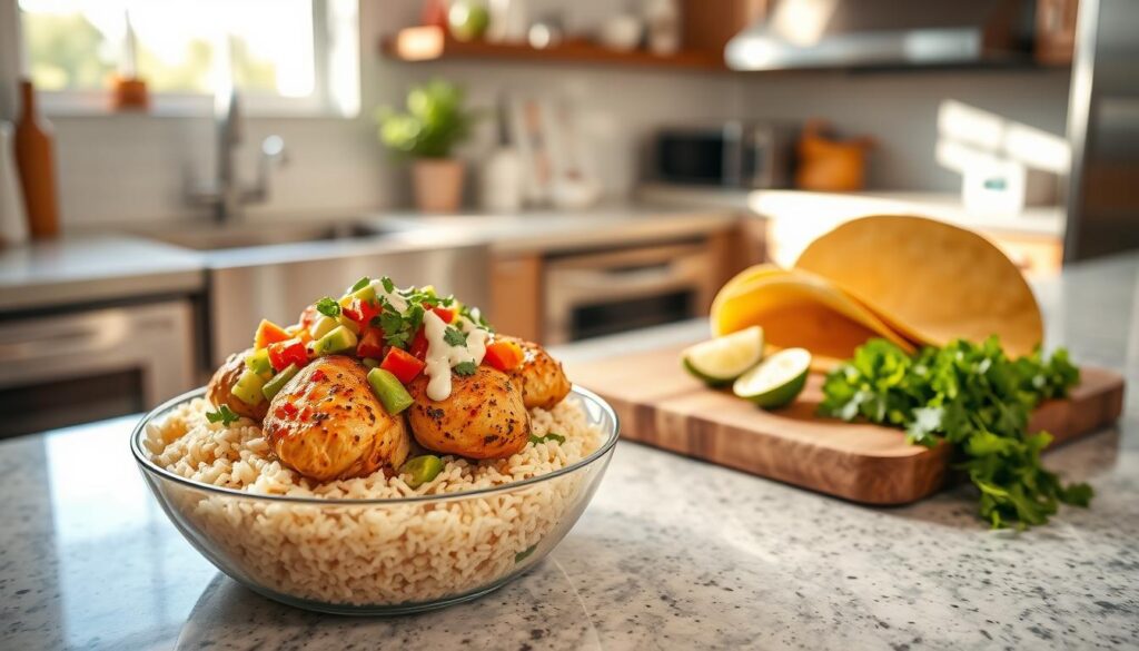 A well-lit kitchen counter with a fresh Chipotle chicken burrito bowl in the foreground. Juicy chicken thighs, sauteed with spices, sit atop a bed of warm, fluffy rice, topped with vibrant pico de gallo, creamy avocado, and a drizzle of zesty lime crema. In the middle ground, a cutting board with freshly chopped cilantro, lime wedges, and a side of warm tortillas, inviting the viewer to customize their perfect burrito bowl. The background features a clean, modern kitchen setting with stainless steel appliances and natural light streaming in through large windows, creating a welcoming, appetizing atmosphere. A well-lit kitchen counter with a fresh Chipotle chicken burrito bowl in the foreground. Juicy chicken thighs, sauteed with spices, sit atop a bed of warm, fluffy rice, topped with vibrant pico de gallo, creamy avocado, and a drizzle of zesty lime crema. In the middle ground, a cutting board with freshly chopped cilantro, lime wedges, and a side of warm tortillas, inviting the viewer to customize their perfect burrito bowl. The background features a clean, modern kitchen setting with stainless steel appliances and natural light streaming in through large windows, creating a welcoming, appetizing atmosphere.
