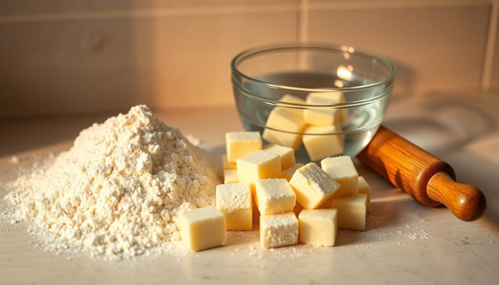 A well-lit kitchen counter with various gipfeli ingredients neatly arranged: a pile of all-purpose flour, cubes of cold unsalted butter, a glass bowl of chilled water, and a wooden rolling pin. The lighting is warm and even, casting soft shadows that accentuate the textures of the ingredients. The camera angle is slightly elevated, providing a clear, unobstructed view of the preparation station. The mood is one of calm focus, inviting the viewer to imagine the satisfying process of crafting delicate, flaky gipfeli layers from these essential components. A well-lit kitchen counter with various gipfeli ingredients neatly arranged: a pile of all-purpose flour, cubes of cold unsalted butter, a glass bowl of chilled water, and a wooden rolling pin. The lighting is warm and even, casting soft shadows that accentuate the textures of the ingredients. The camera angle is slightly elevated, providing a clear, unobstructed view of the preparation station. The mood is one of calm focus, inviting the viewer to imagine the satisfying process of crafting delicate, flaky gipfeli layers from these essential components.