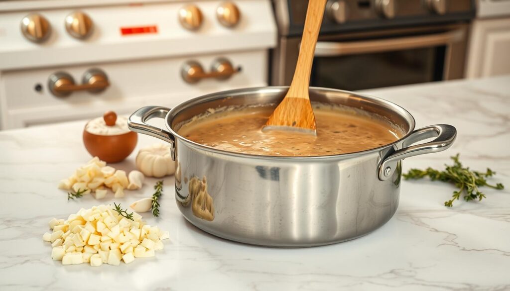 A well-lit kitchen countertop, the surface covered in a white marble-like material. In the foreground, a large stainless steel saucepan filled with a thick, creamy chicken gravy, steam rising from its surface. Surrounding the pan, an array of ingredients - diced onions, minced garlic, and fresh sprigs of thyme. In the middle ground, a wooden spoon stands upright in the gravy, gently swirling the mixture. The background features a soft, blurred view of a classic oven range, hinting at the preparation process. The lighting is warm and natural, casting a comforting glow over the scene, inviting the viewer to imagine the delicious aroma of homemade chicken gravy. A well-lit kitchen countertop, the surface covered in a white marble-like material. In the foreground, a large stainless steel saucepan filled with a thick, creamy chicken gravy, steam rising from its surface. Surrounding the pan, an array of ingredients - diced onions, minced garlic, and fresh sprigs of thyme. In the middle ground, a wooden spoon stands upright in the gravy, gently swirling the mixture. The background features a soft, blurred view of a classic oven range, hinting at the preparation process. The lighting is warm and natural, casting a comforting glow over the scene, inviting the viewer to imagine the delicious aroma of homemade chicken gravy.