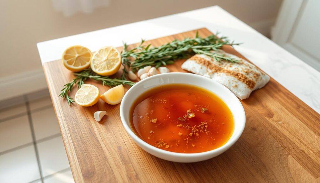 A wooden table with a crisp white tablecloth sits in a bright, airy kitchen. On the table, an assortment of swordfish marinade ingredients is carefully arranged: fresh lemon wedges, sprigs of fragrant rosemary, crushed garlic cloves, and a shallow dish filled with a rich, amber-colored marinade. The lighting is soft and natural, casting a warm glow over the scene. The overall atmosphere is one of simplicity, highlighting the high-quality, essential components needed to create a flavorful swordfish dish. A wooden table with a crisp white tablecloth sits in a bright, airy kitchen. On the table, an assortment of swordfish marinade ingredients is carefully arranged: fresh lemon wedges, sprigs of fragrant rosemary, crushed garlic cloves, and a shallow dish filled with a rich, amber-colored marinade. The lighting is soft and natural, casting a warm glow over the scene. The overall atmosphere is one of simplicity, highlighting the high-quality, essential components needed to create a flavorful swordfish dish.