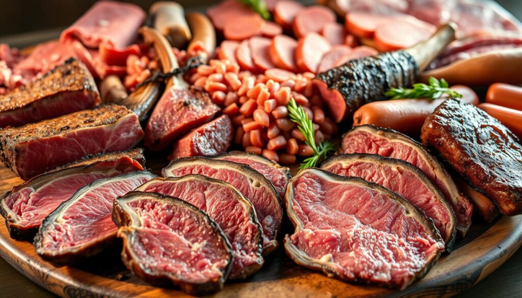 An assortment of succulent, high-fat meat cuts arranged on a rustic wooden board. In the foreground, thick slices of flavorful ribeye steak, juicy lamb chops, and marbled pork belly glisten under warm, natural lighting. The middle ground features bountiful servings of ground beef and sausages, while the background showcases an array of cured meats like salami and prosciutto. The scene exudes an aura of nourishment and sustained energy, mirroring the ethos of the carnivore diet lifestyle. An assortment of succulent, high-fat meat cuts arranged on a rustic wooden board. In the foreground, thick slices of flavorful ribeye steak, juicy lamb chops, and marbled pork belly glisten under warm, natural lighting. The middle ground features bountiful servings of ground beef and sausages, while the background showcases an array of cured meats like salami and prosciutto. The scene exudes an aura of nourishment and sustained energy, mirroring the ethos of the carnivore diet lifestyle.