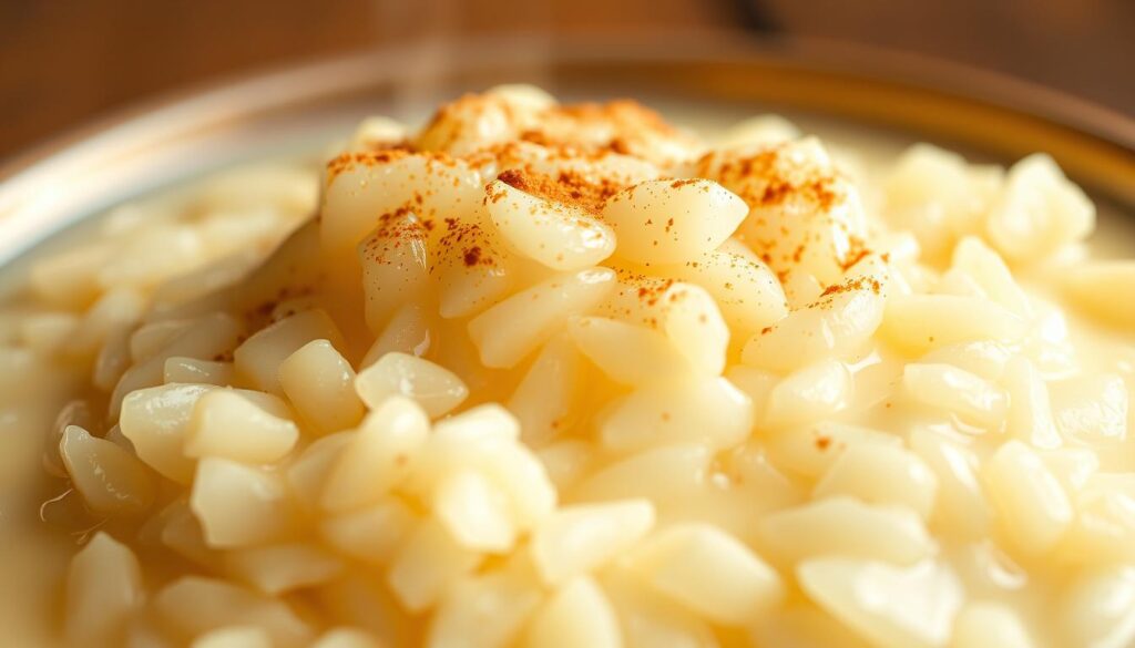Arroz con leche made with a trio of milks - creamy whole milk, rich evaporated milk, and sweetened condensed milk. Steaming hot grains of rice simmered in a luscious dairy blend, topped with a dusting of cinnamon. Warm lighting casts a golden glow, highlighting the velvety texture and glossy sheen. Shot from a low angle to emphasize the luxurious mouthfeel, with a shallow depth of field to draw the eye to the center of the frame. Arroz con leche made with a trio of milks - creamy whole milk, rich evaporated milk, and sweetened condensed milk. Steaming hot grains of rice simmered in a luscious dairy blend, topped with a dusting of cinnamon. Warm lighting casts a golden glow, highlighting the velvety texture and glossy sheen. Shot from a low angle to emphasize the luxurious mouthfeel, with a shallow depth of field to draw the eye to the center of the frame.