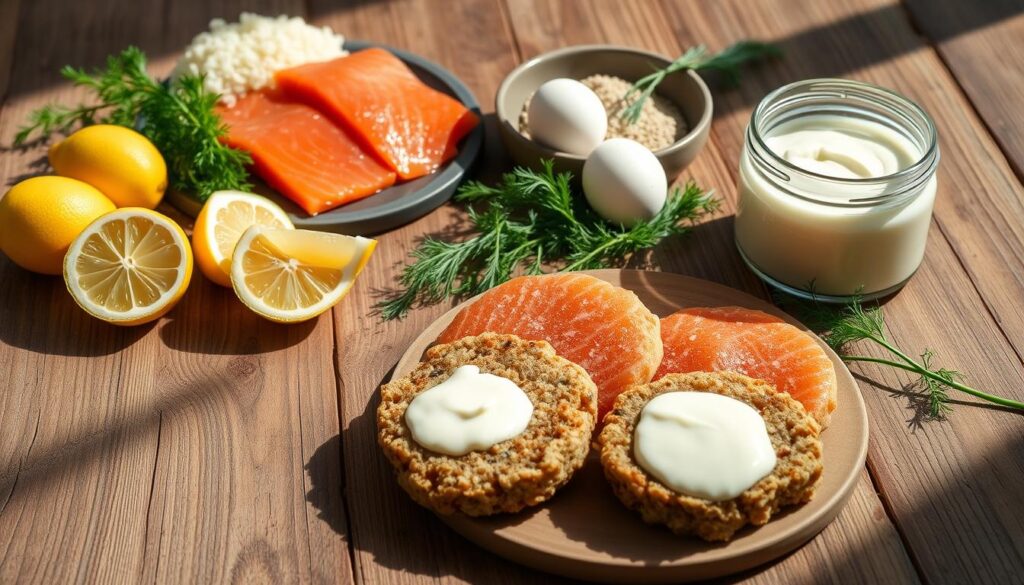 Crisp, well-lit photograph of a rustic wooden table, showcasing the essential ingredients for perfect salmon cakes: fresh salmon fillets, breadcrumbs, eggs, lemon wedges, fresh dill, and a jar of creamy mayonnaise. The ingredients are arranged in an organized, visually appealing manner, casting soft shadows on the tabletop. The lighting is natural and diffused, creating a warm, inviting atmosphere. The camera is positioned at a slight angle, capturing the ingredients from an eye-level perspective to emphasize their importance and accessibility. The overall scene exudes a homemade, artisanal feel, perfectly complementing the "Salmon Cake Recipe: How To Make It In Just 20 Minutes" article. Crisp, well-lit photograph of a rustic wooden table, showcasing the essential ingredients for perfect salmon cakes: fresh salmon fillets, breadcrumbs, eggs, lemon wedges, fresh dill, and a jar of creamy mayonnaise. The ingredients are arranged in an organized, visually appealing manner, casting soft shadows on the tabletop. The lighting is natural and diffused, creating a warm, inviting atmosphere. The camera is positioned at a slight angle, capturing the ingredients from an eye-level perspective to emphasize their importance and accessibility. The overall scene exudes a homemade, artisanal feel, perfectly complementing the "Salmon Cake Recipe: How To Make It In Just 20 Minutes" article.