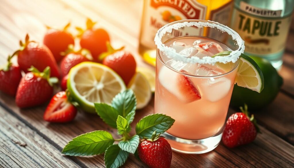 Vibrant strawberries, freshly squeezed lime juice, and smooth tequila come together on a rustic wooden surface, casting warm, golden light. In the foreground, glass rimmed with salt sparkles, hinting at the refreshing cocktail to come. Delicate mint leaves and a slice of lime provide a garnish, adding a touch of verdant contrast. The overall scene evokes a casual, summery ambiance, perfect for illustrating the essential ingredients of the classic Strawberry Margarita. Vibrant strawberries, freshly squeezed lime juice, and smooth tequila come together on a rustic wooden surface, casting warm, golden light. In the foreground, glass rimmed with salt sparkles, hinting at the refreshing cocktail to come. Delicate mint leaves and a slice of lime provide a garnish, adding a touch of verdant contrast. The overall scene evokes a casual, summery ambiance, perfect for illustrating the essential ingredients of the classic Strawberry Margarita.