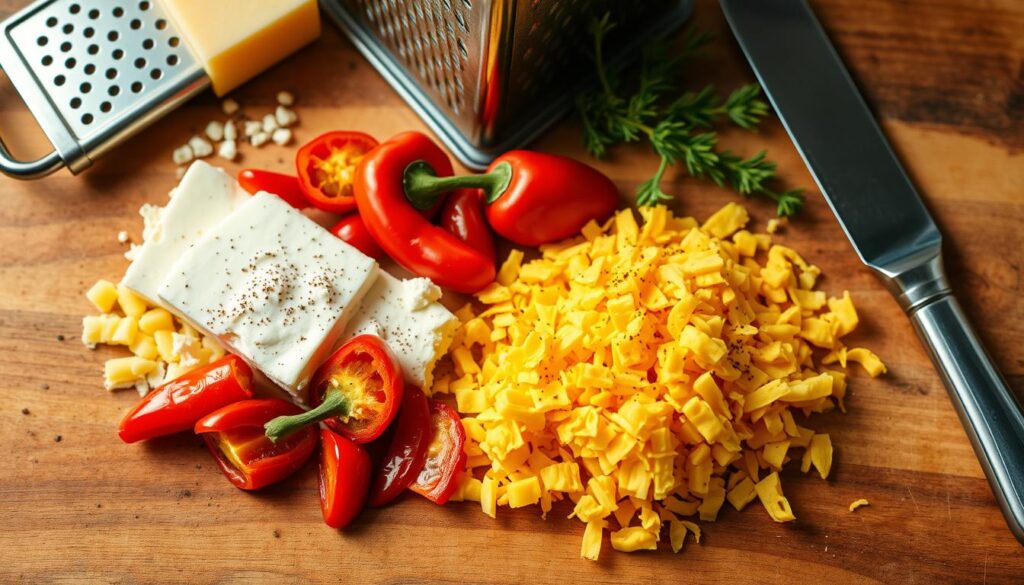 A beautifully lit overhead shot of a wooden cutting board laden with traditional pimento cheese ingredients. In the foreground, grated cheddar and cream cheese glisten under warm, natural lighting. Nestled amidst them are vibrant pimento peppers, freshly cracked black pepper, and a sprinkle of cayenne for subtle heat. The middle ground features a vintage cheese grater and a stainless steel knife, hinting at the preparation process. In the background, a few sprigs of fresh thyme add a touch of rustic elegance. The composition is balanced, the colors rich and inviting, capturing the essence of an old-fashioned pimento cheese spread. A beautifully lit overhead shot of a wooden cutting board laden with traditional pimento cheese ingredients. In the foreground, grated cheddar and cream cheese glisten under warm, natural lighting. Nestled amidst them are vibrant pimento peppers, freshly cracked black pepper, and a sprinkle of cayenne for subtle heat. The middle ground features a vintage cheese grater and a stainless steel knife, hinting at the preparation process. In the background, a few sprigs of fresh thyme add a touch of rustic elegance. The composition is balanced, the colors rich and inviting, capturing the essence of an old-fashioned pimento cheese spread.
