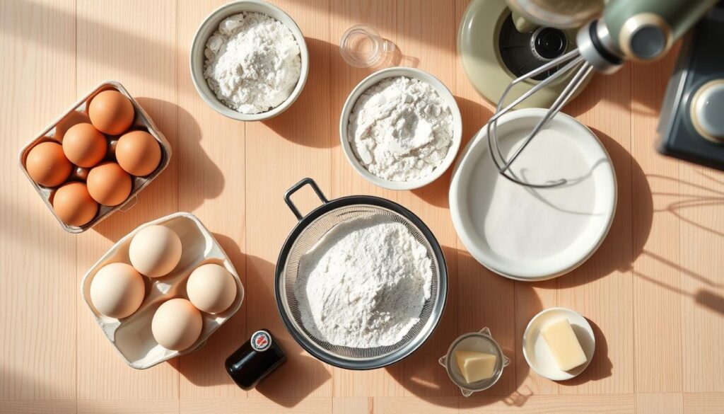 A beautifully lit overhead shot of a wooden kitchen counter, showcasing the essential ingredients for a perfect cloud cake: a carton of fresh eggs, a bowl of granulated sugar, a sifter filled with all-purpose flour, a stand mixer with its whisk attachment, a bottle of vanilla extract, and a wedge of unsalted butter in a small dish. The ingredients are arranged in an elegant, symmetrical composition, casting soft shadows against the light-colored surface. The image has a warm, inviting tone, hinting at the delightful dessert that will soon be created. A beautifully lit overhead shot of a wooden kitchen counter, showcasing the essential ingredients for a perfect cloud cake: a carton of fresh eggs, a bowl of granulated sugar, a sifter filled with all-purpose flour, a stand mixer with its whisk attachment, a bottle of vanilla extract, and a wedge of unsalted butter in a small dish. The ingredients are arranged in an elegant, symmetrical composition, casting soft shadows against the light-colored surface. The image has a warm, inviting tone, hinting at the delightful dessert that will soon be created.